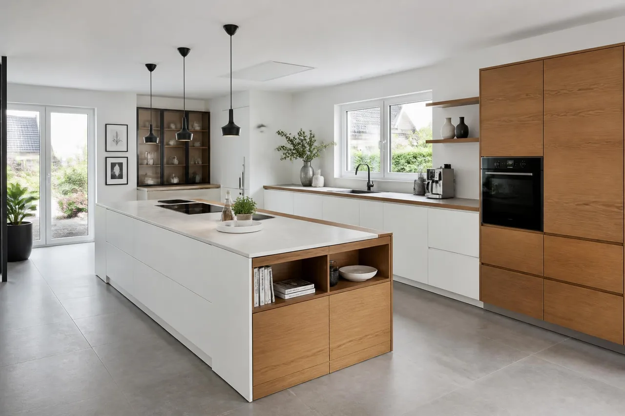 Moderne Küche mit Kochinsel, weißen Fronten und Eichenholz